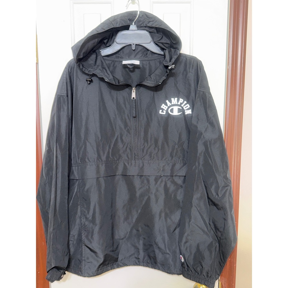 Champion Pullover‎ Windbreaker Jacket Hooded Half Zip Black Logo Large